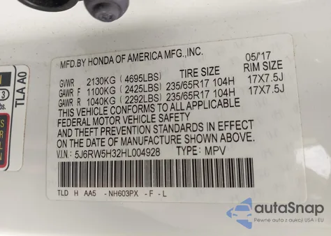 2017 Honda Cr-V Lx z USA, uszkodzony, nr VIN 5J6RW5H32HL004928